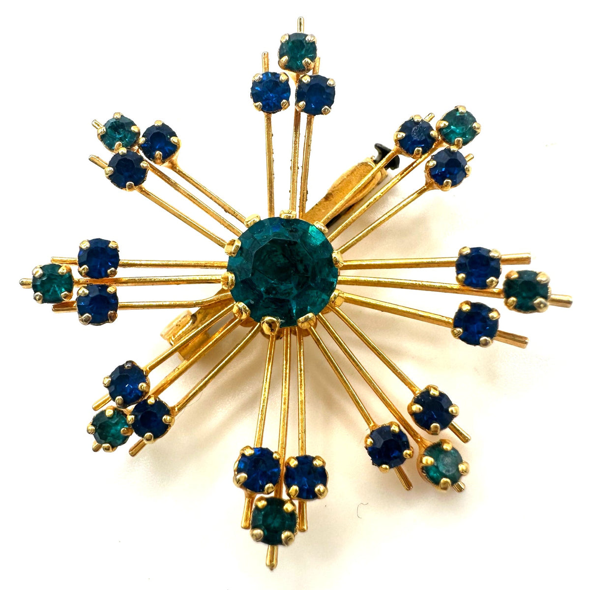 Vintage 1950s gold tone blue teal rhinestones starburst Sputnik brooch