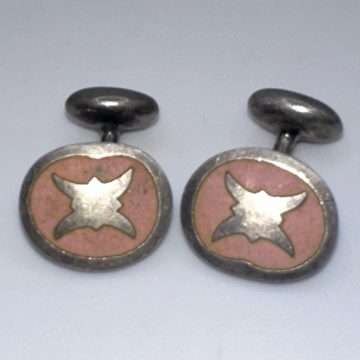 Antique Edwardian sterling silver pink cloisonné enamel bean back cufflinks