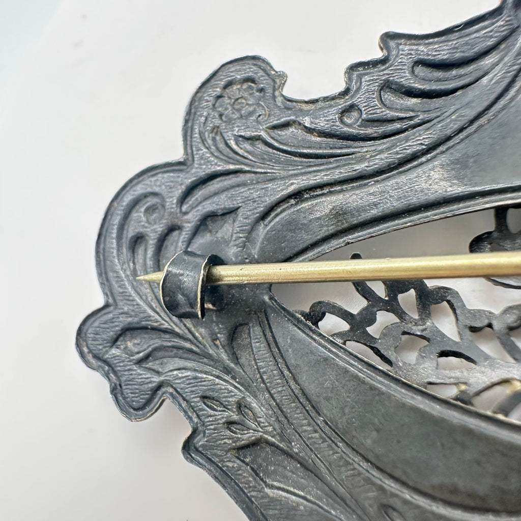 Antique 1900s Art Nouveau gilt silver brass purple rhinestone sash pin brooch