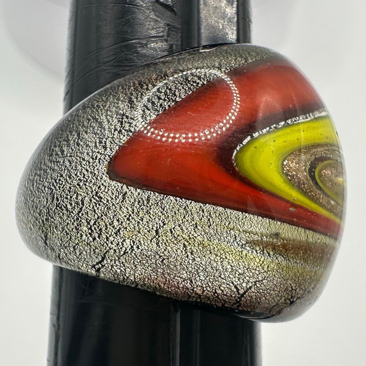 Vintage hand blown swirled red yellow black silver gold glitter art glass ring 9