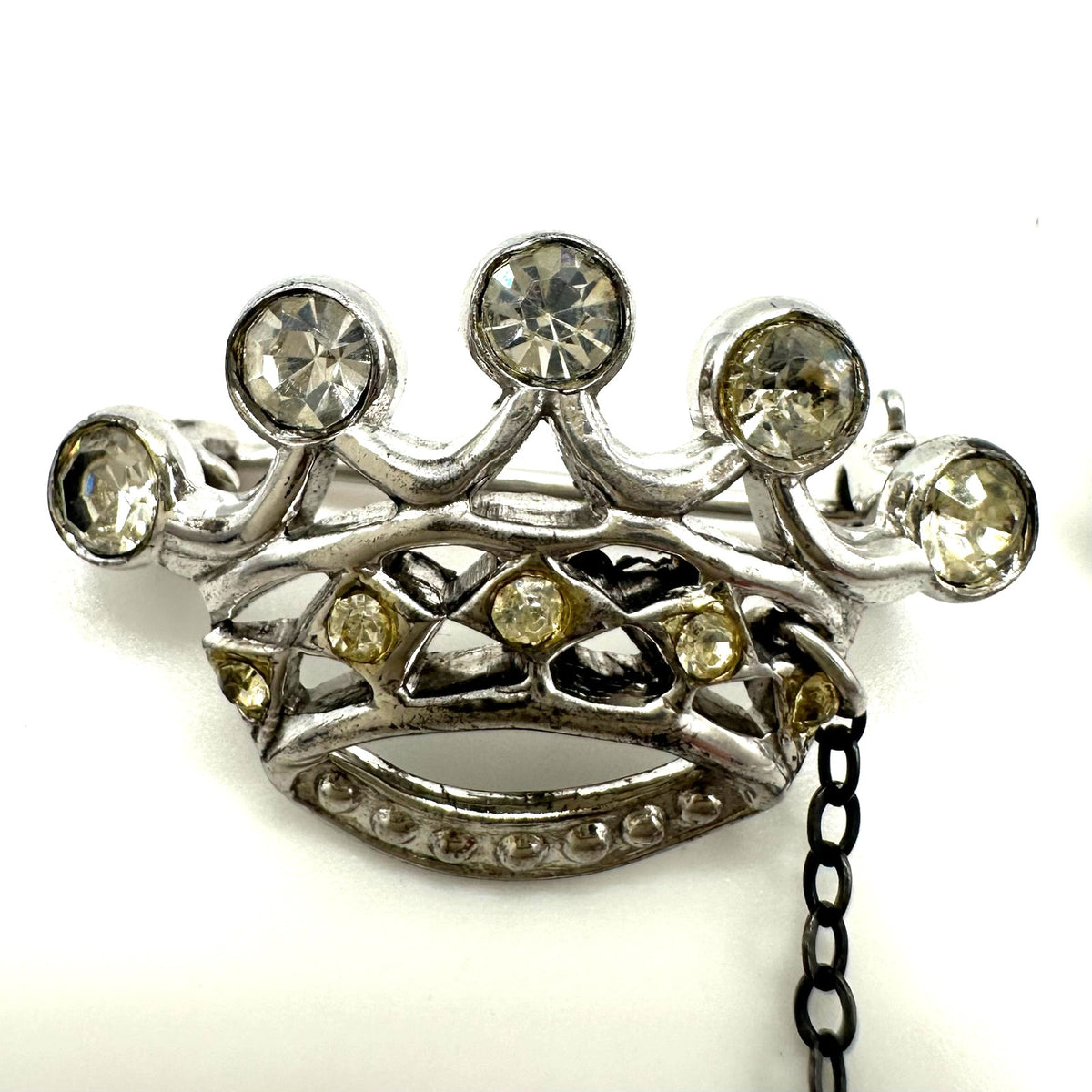 1940s vintage sterling silver rhinestones double crown brooch sweater guard