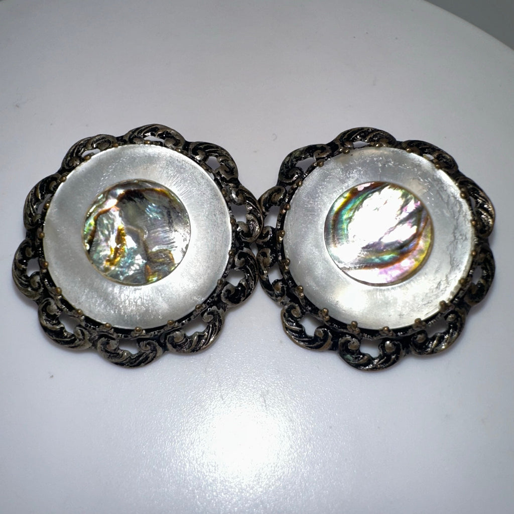 Made in Austria vintage mother of pearl abalone silver tone clip on earrings
