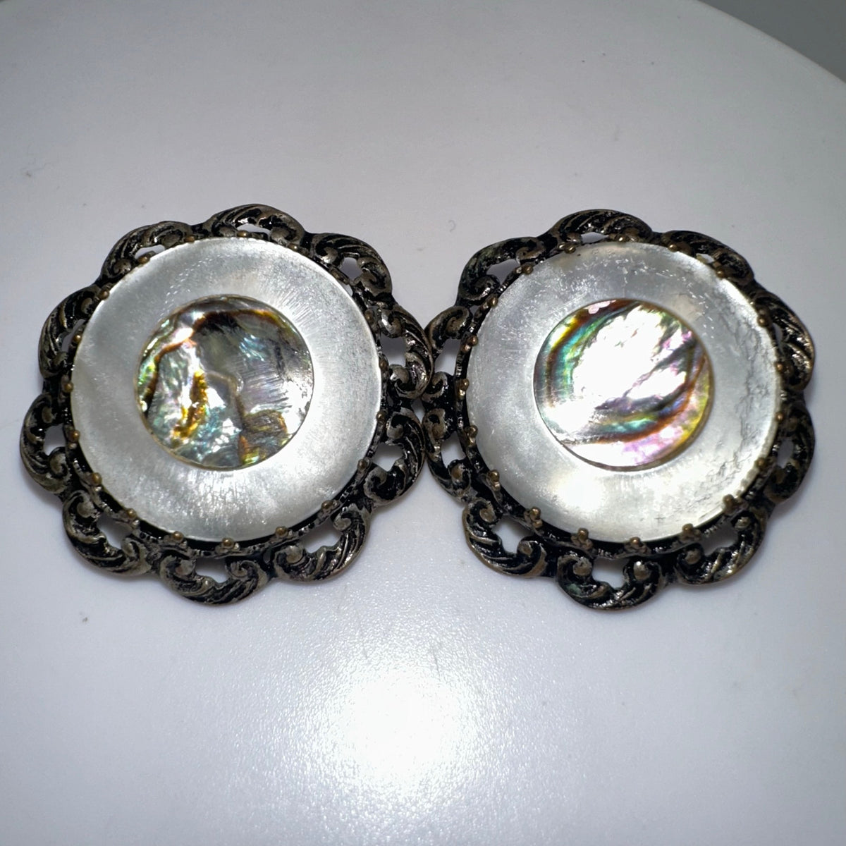 Made in Austria vintage mother of pearl abalone silver tone clip on earrings