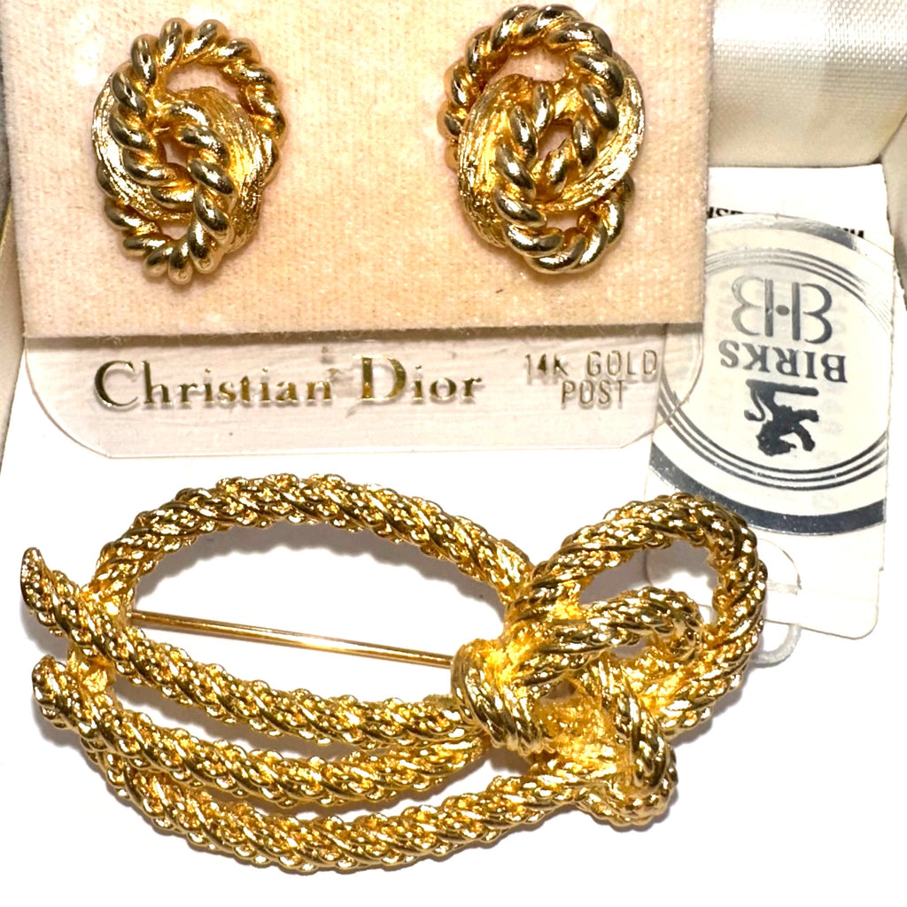 NWT Christian Dior gold plated twisted rope brooch knot post earrings in box