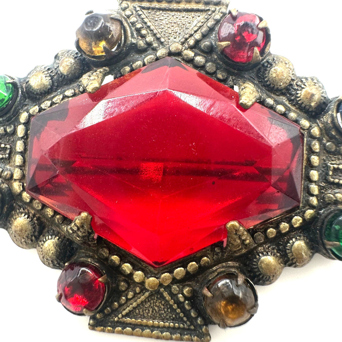 Antique Art Deco 1920s brass multicolor Czech glass rhinestones brooch pendant