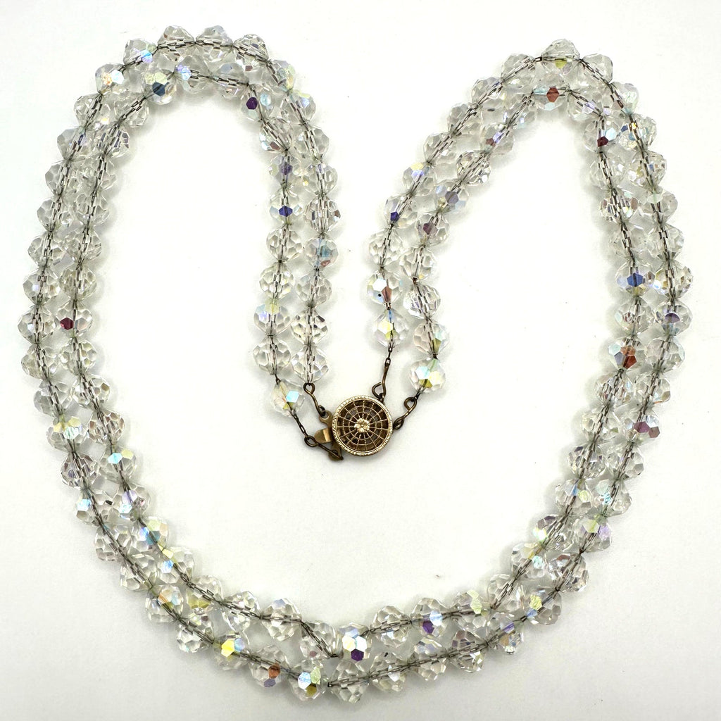 Vintage 2 double strand clear faceted glass aurora borealis AB beaded necklace