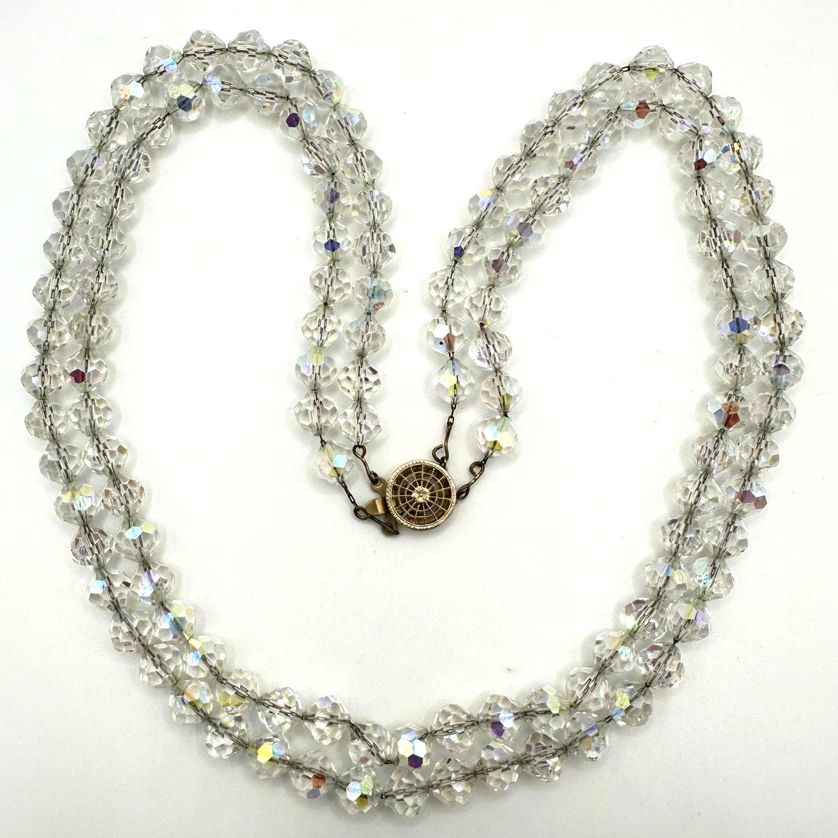 Vintage 2 double strand clear faceted glass aurora borealis AB beaded necklace