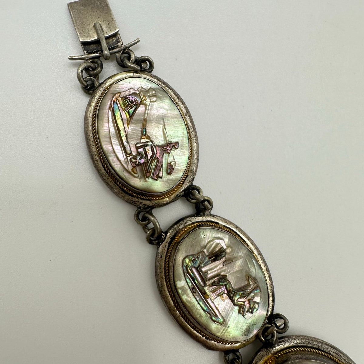 Vintage 800 silver carved genuine abalone shell cameos panel 7.25" bracelet