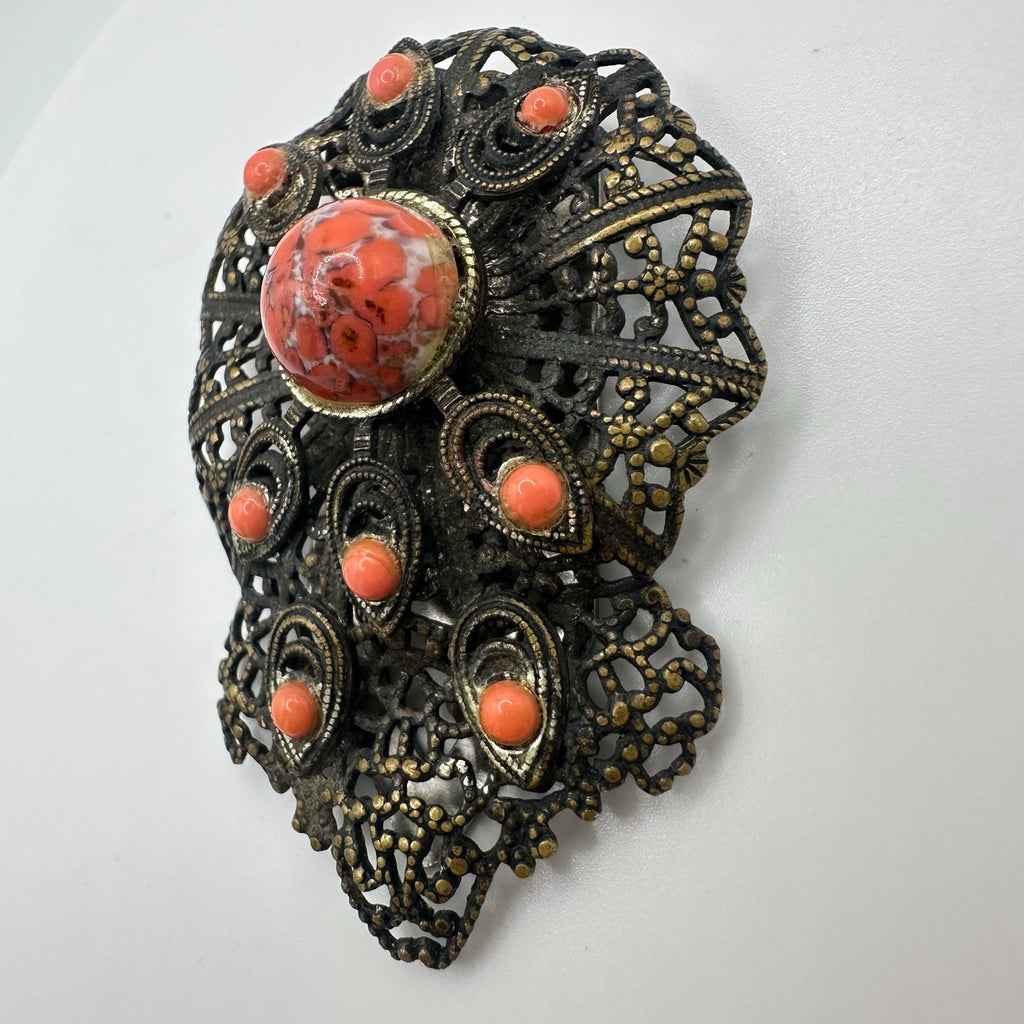 Antique Art Deco brass filigree orange art glass cabochons dress clip