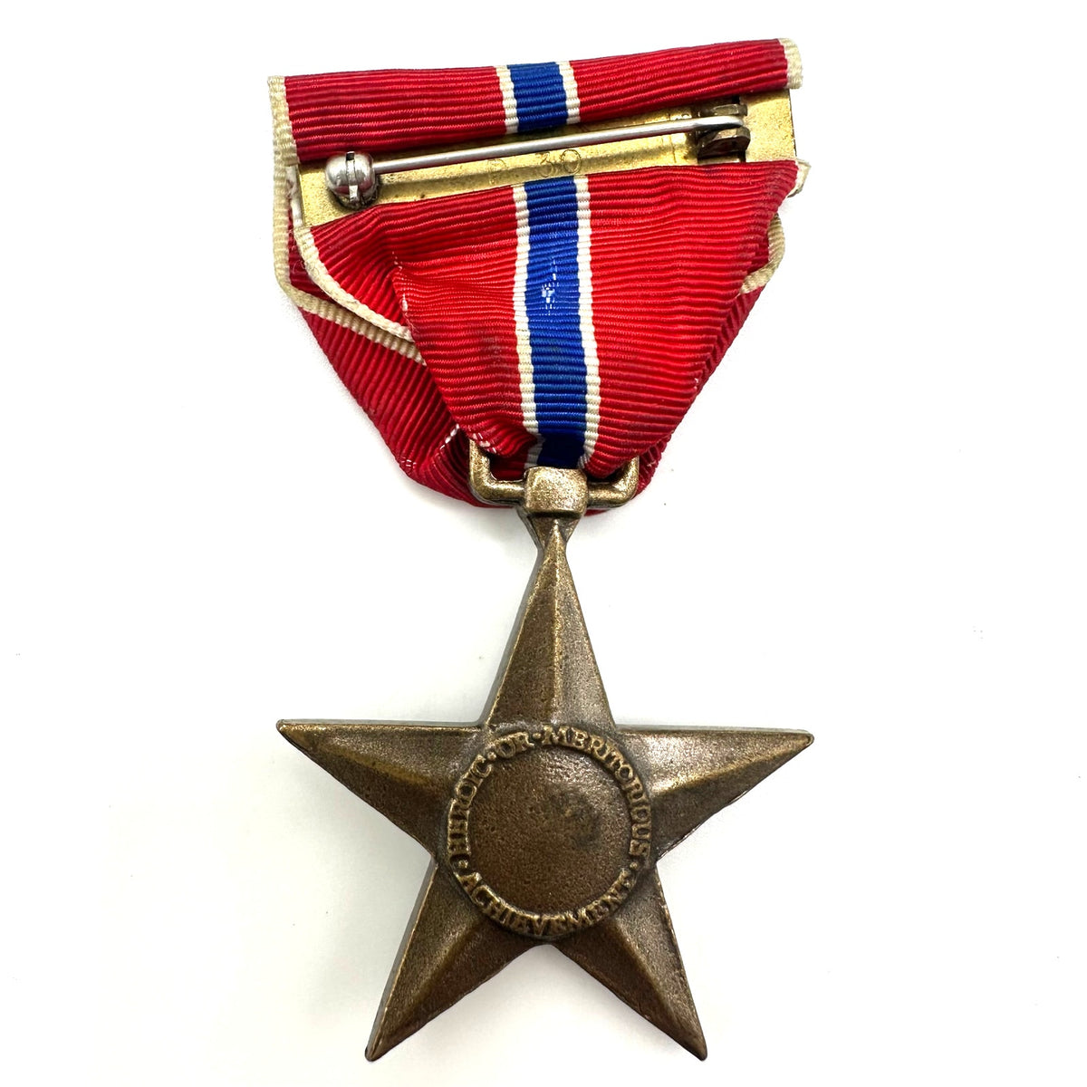 Vintage 1940s World War Two WWII bronze star medal red blue ribbon pin brooch