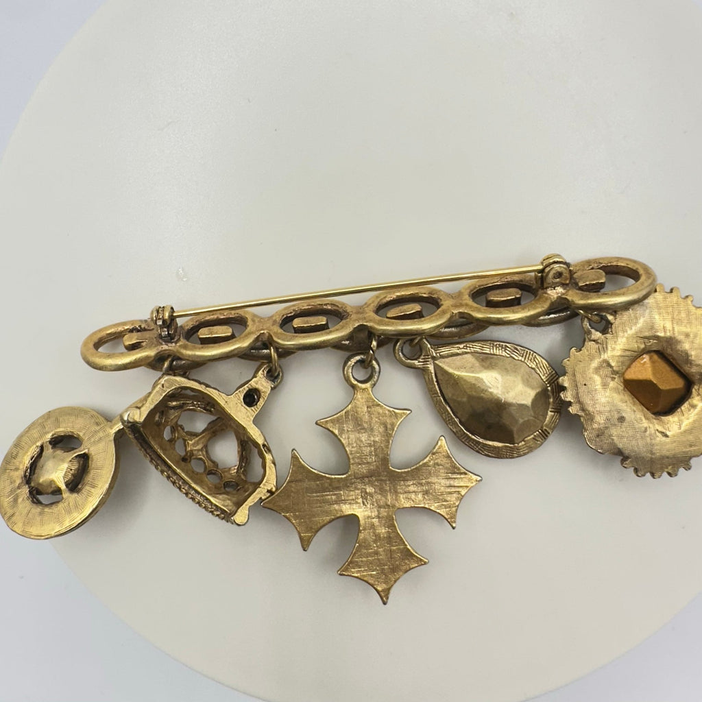 Vintage gold tone Victorian Revival 5 dangling charms crown Maltese cross brooch