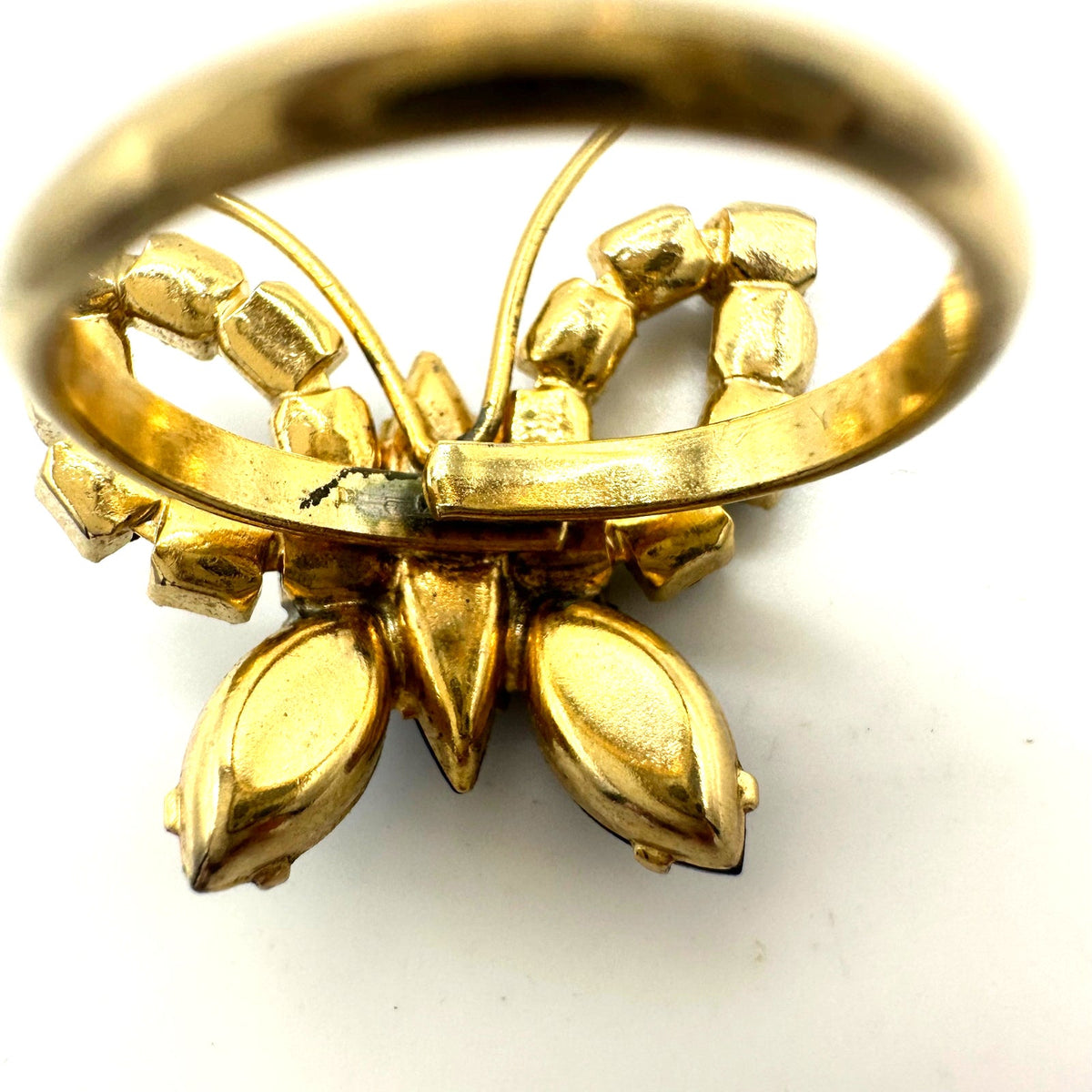 Vintage 1950s gold tone blue rhinestones butterfly adjustable cocktail ring