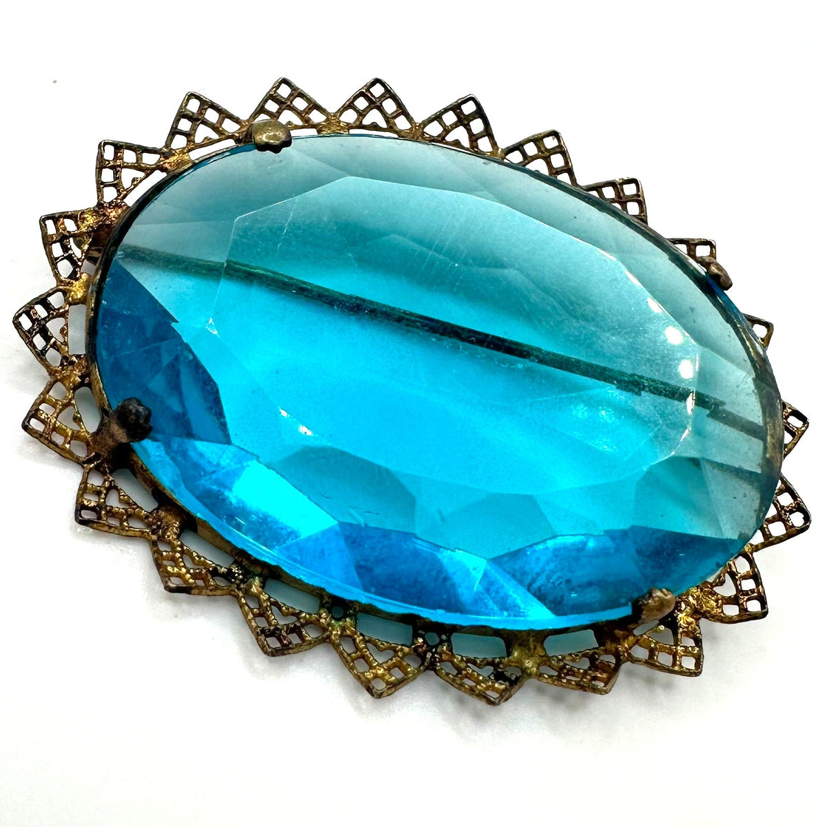 Czechoslovakia antique Art Deco 1920s aqua blue glass rhinestone brass brooch