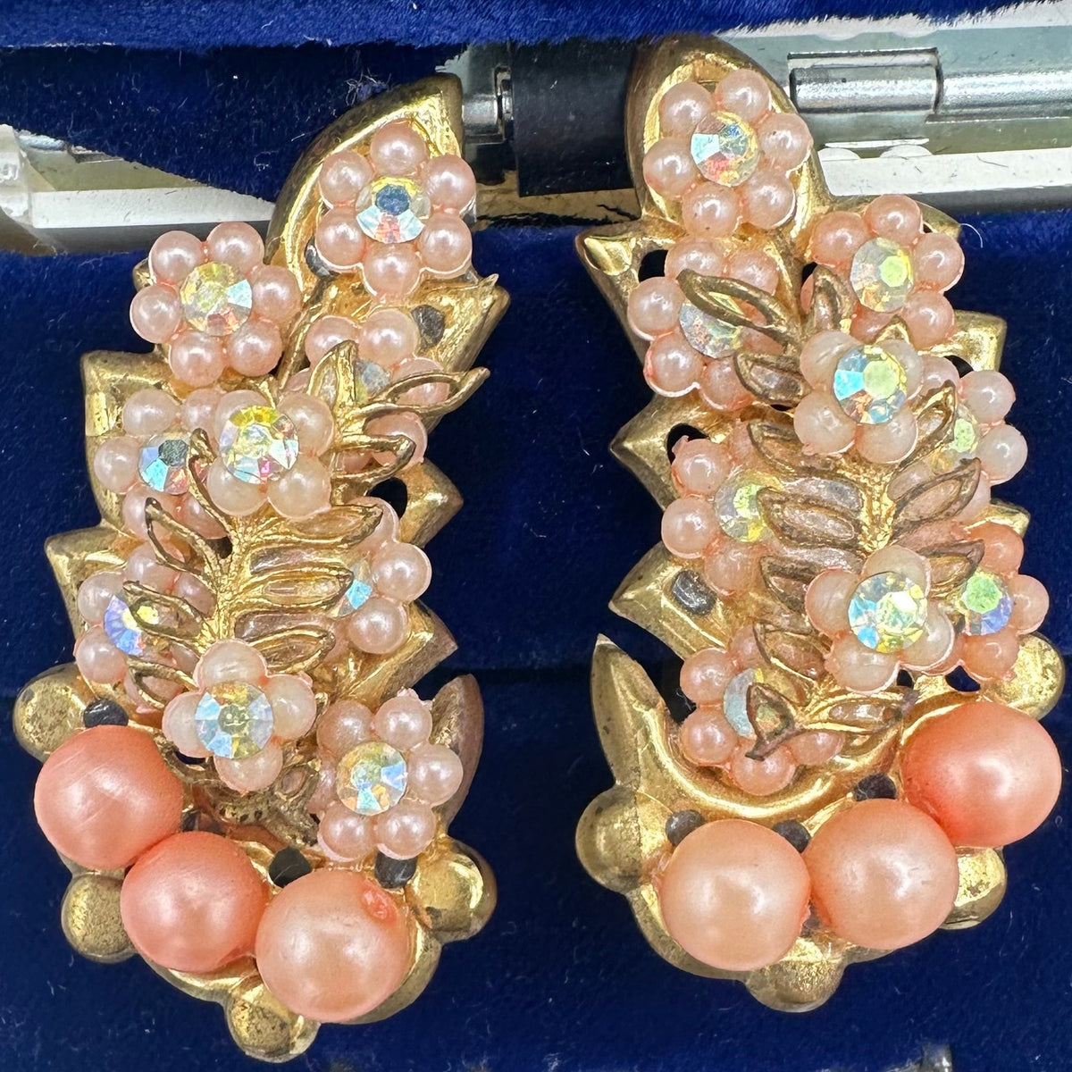 Vintage gold tone AB rhinestones faux pink coral pearl clusters clip on earrings