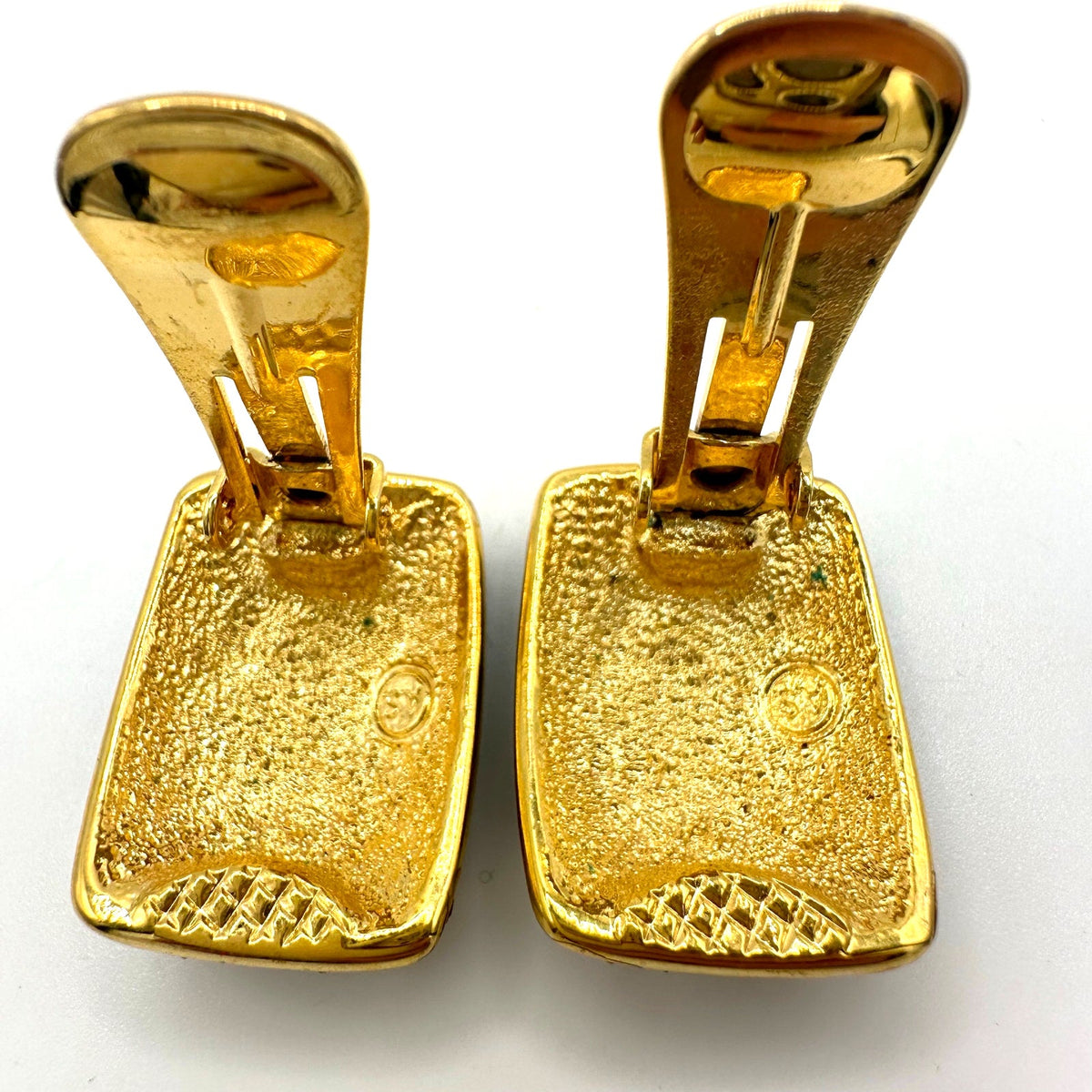 Alfred Sung vintage gold tone clear rhinestones black enamel clip on earrings
