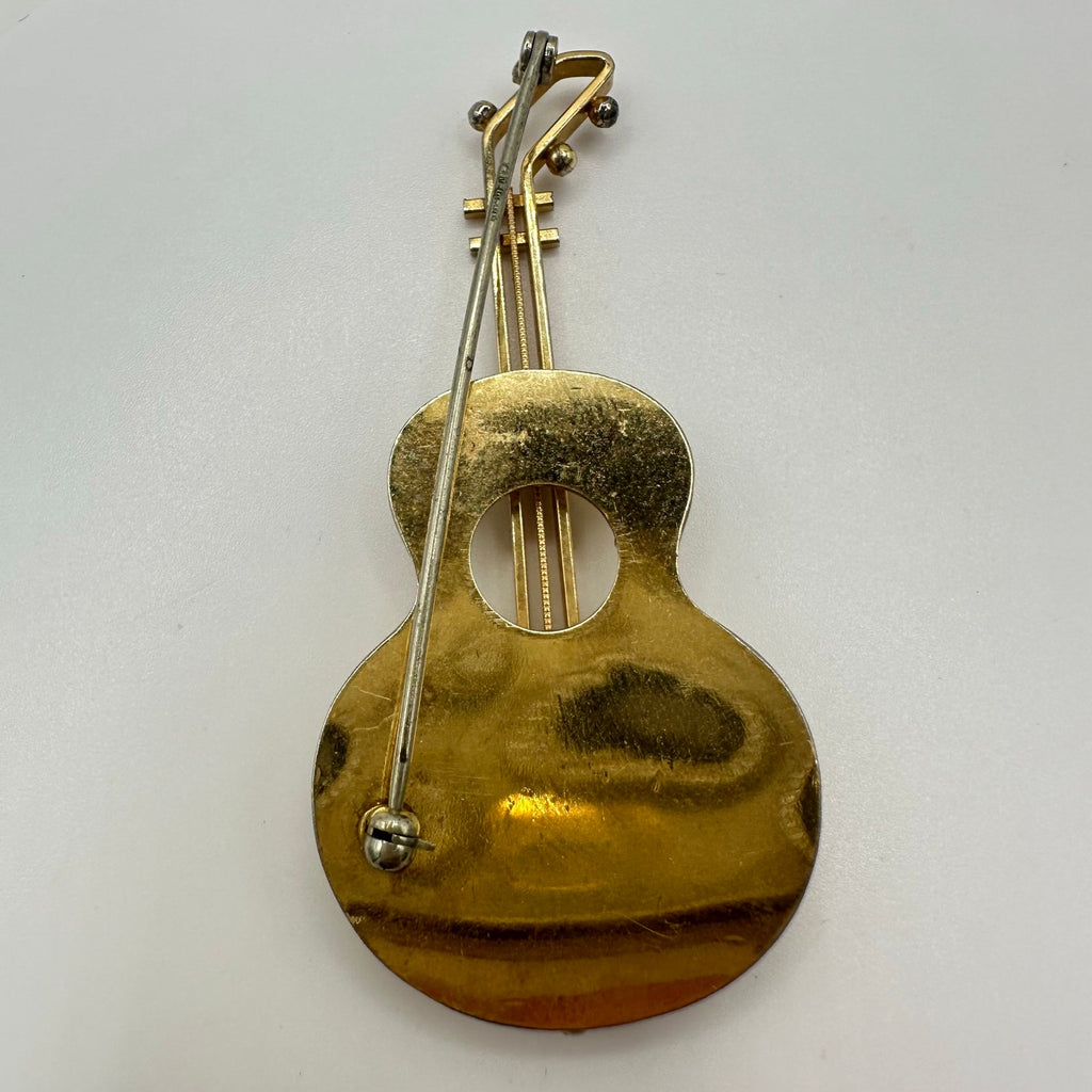 Krementz vintage 14kt yellow gold overlay plated large guitar brooch pin