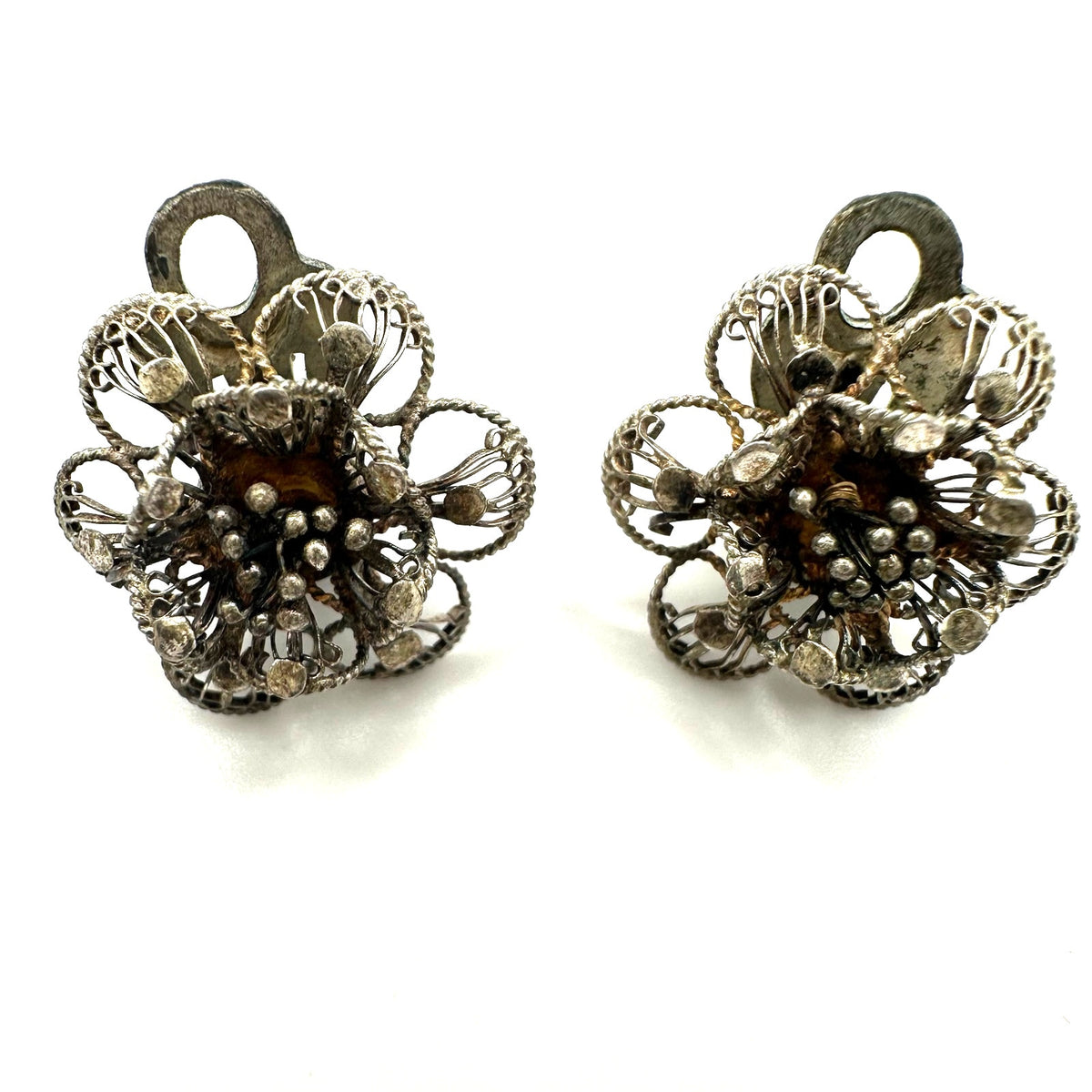 Antique vintage 800 silver handmade filigree flowers floral clip on earrings
