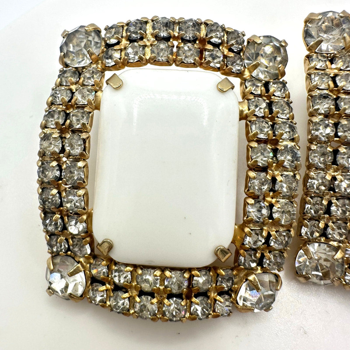 Vintage massive gold tone rectangular milk glass rhinestones clip on earrings