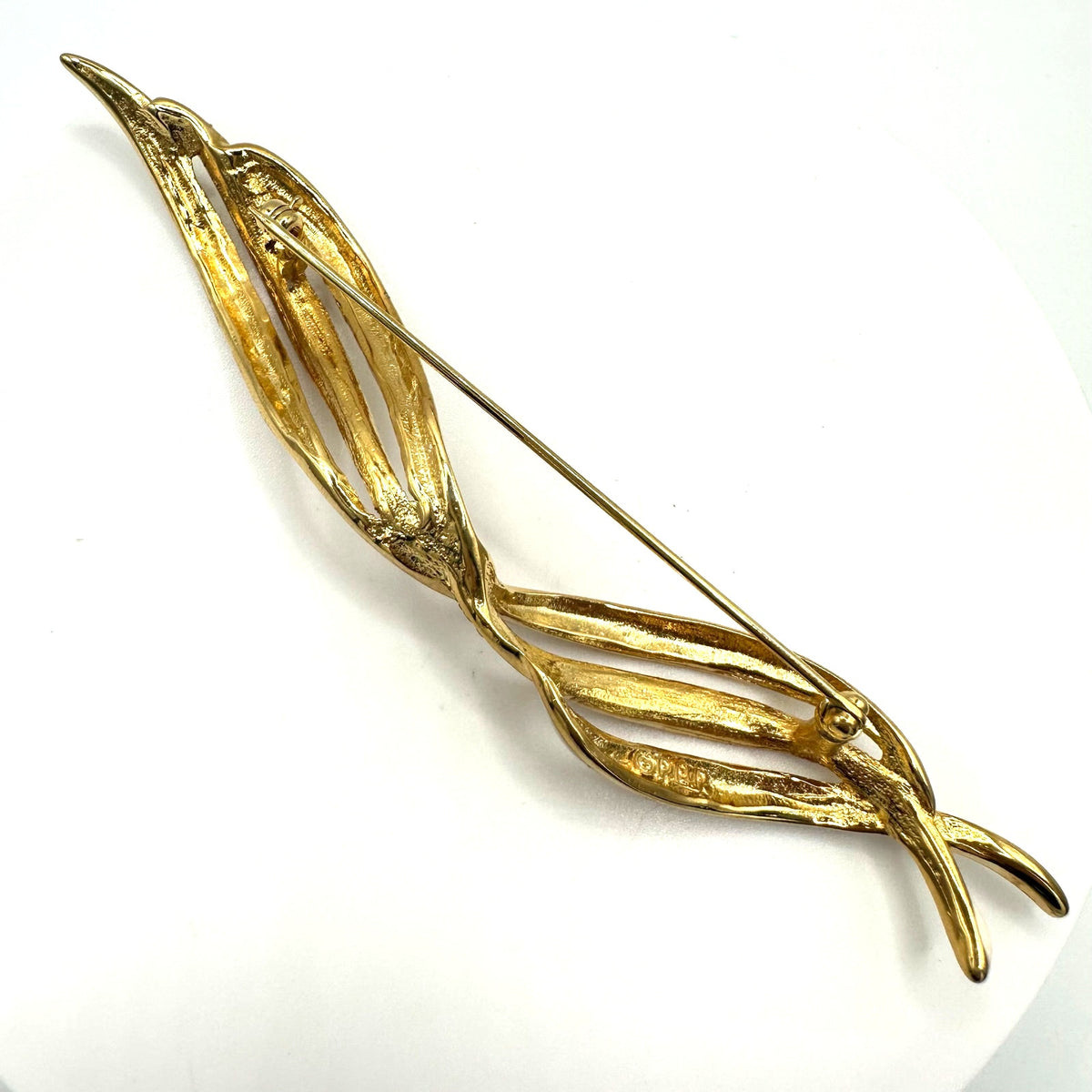 Erwin Pearl vintage gold tone white enamel clear rhinestones 4.5” bar pin brooch
