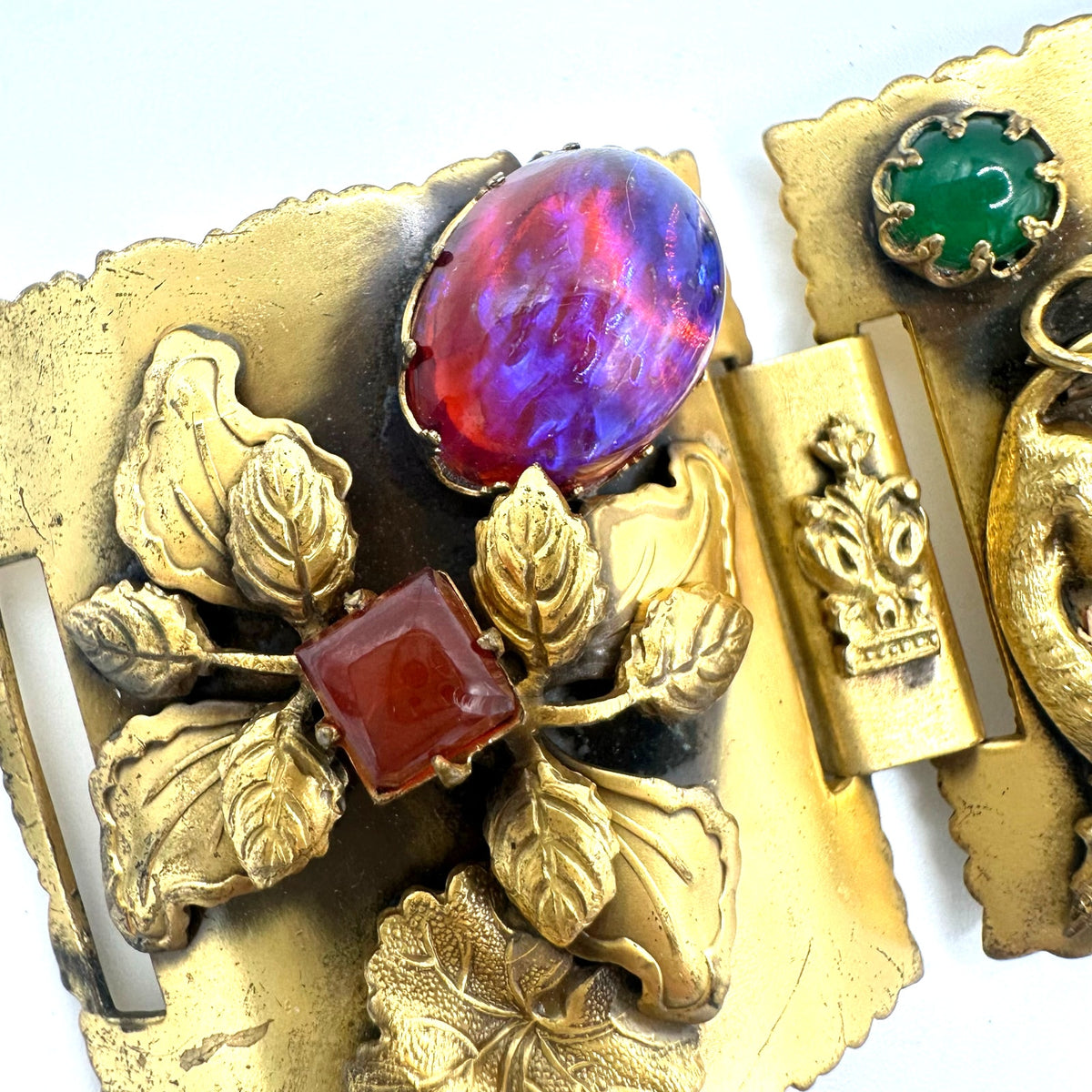 Antique vintage gold gilt dragons breath multicolor art glass cabochons bracelet