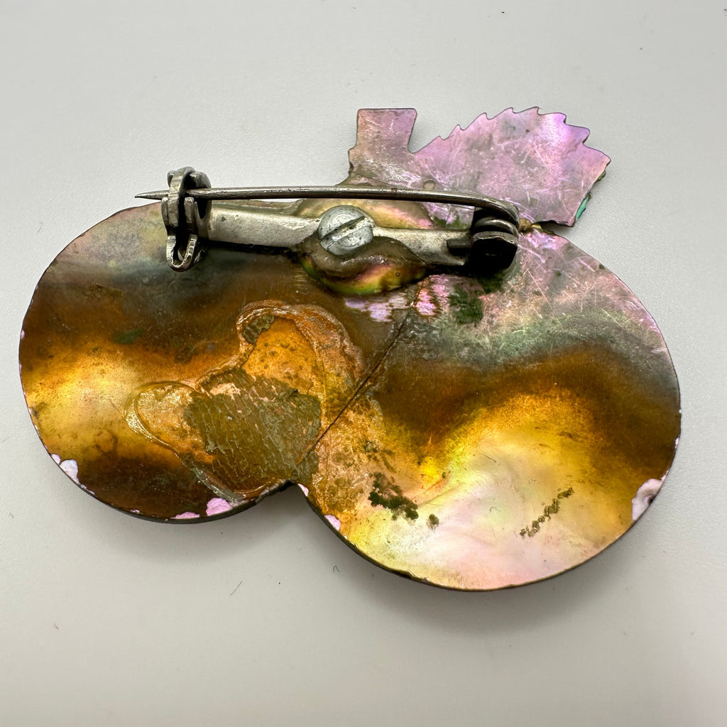 Handmade carved fruits iridescent rainbow abalone mother of pearl brooch pin