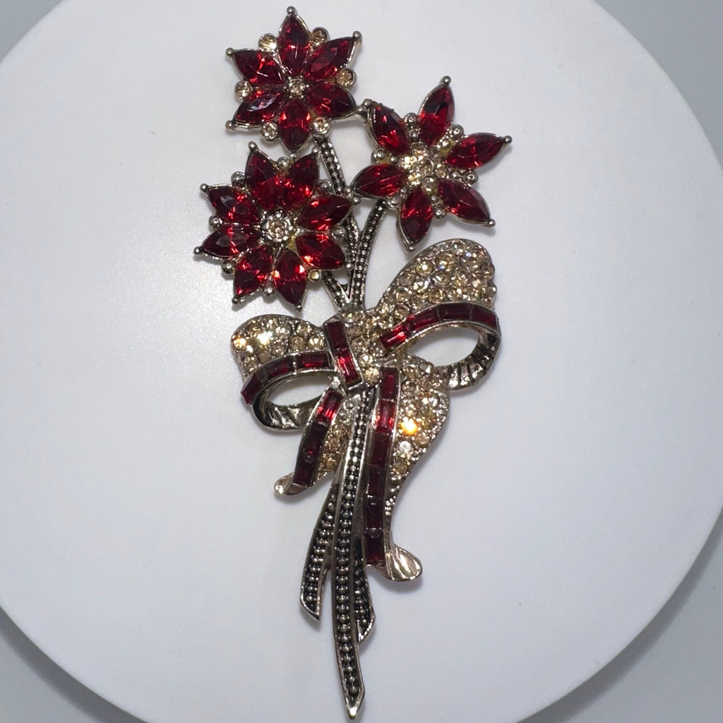 Avon 2013 gold tone red topaz rhinestones poinsettias flowers bouquet brooch