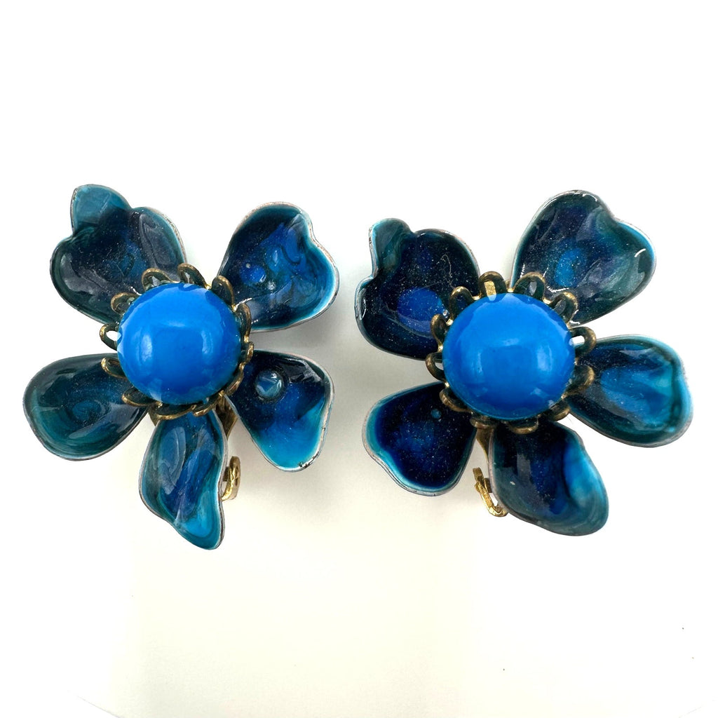 Vintage gold tone swirled blue enamel flowers lucite cabochons clip on earrings