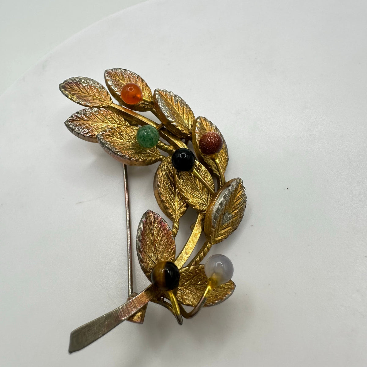 Vintage gold plated multicolor all semiprecious beads beaded leaf brooch pin