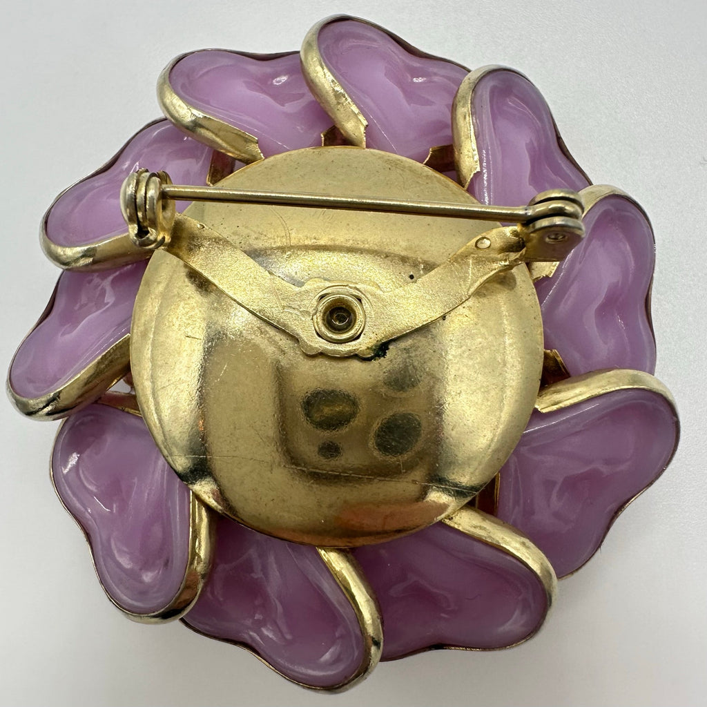 1950s vintage gold tone opaque pink molded glass layered flower floral brooch