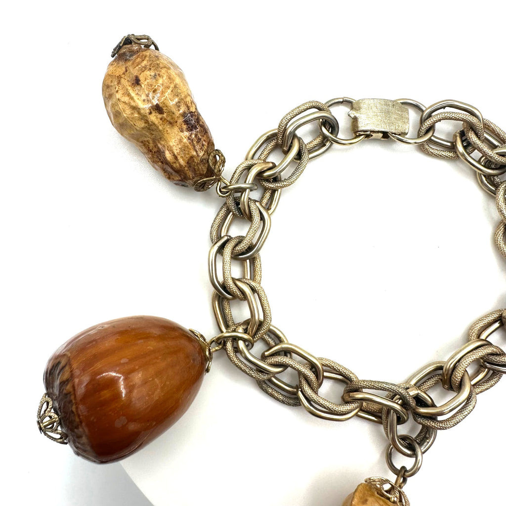 Vintage gold tone real peanuts chestnuts chunky statement chain charms bracelet