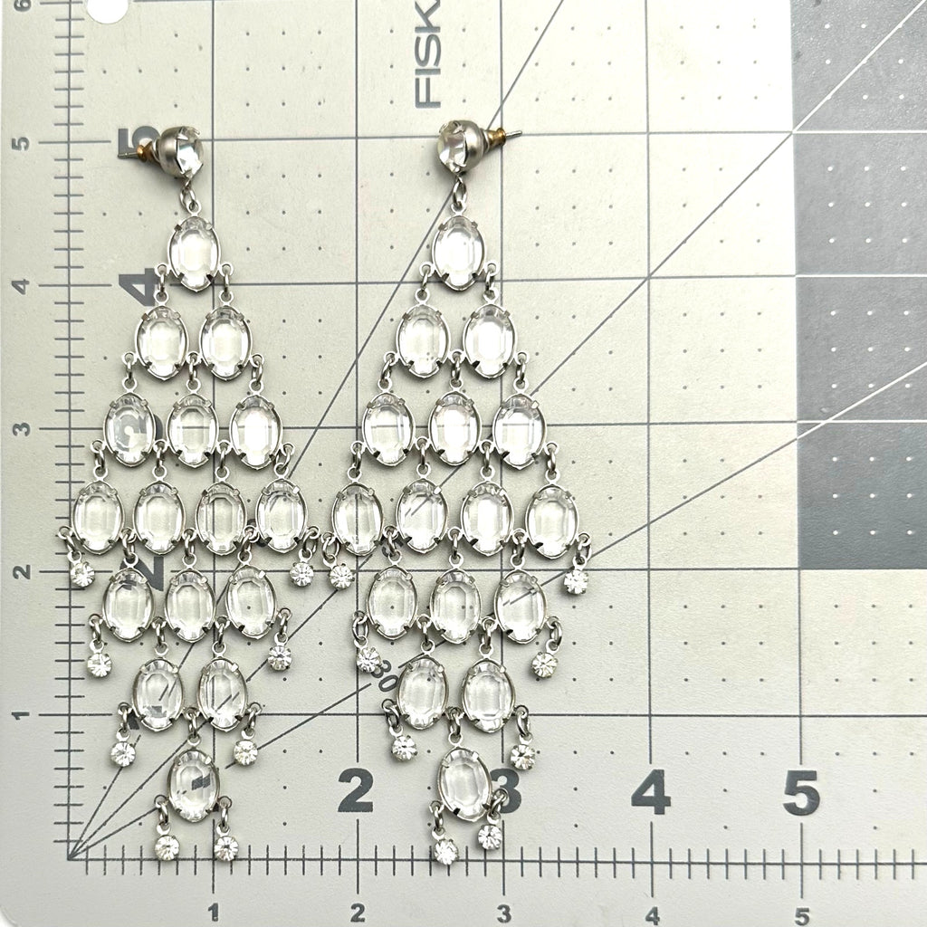 Vintage silver tone clear bezel collet set rhinestones 5" drop post earrings