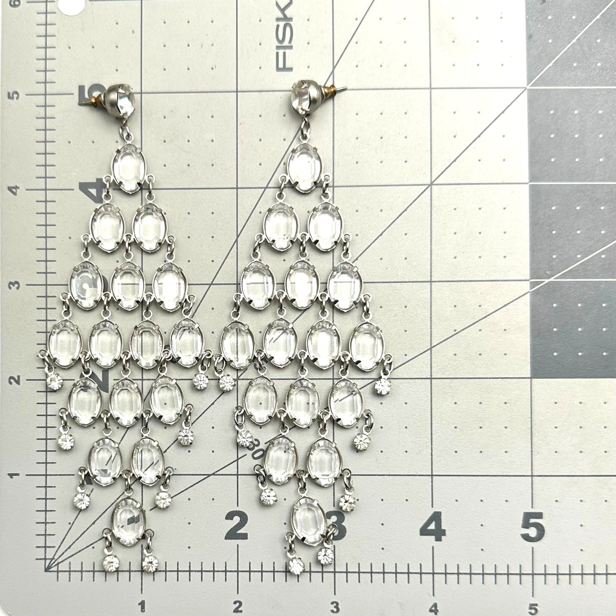 Vintage silver tone clear bezel collet set rhinestones 5" drop post earrings