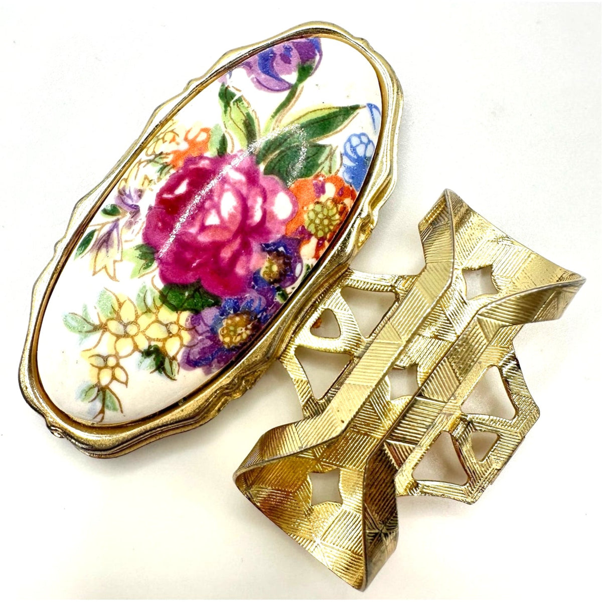 Japan 1950s vintage gold tone porcelain floral lipstick holder mirror compact