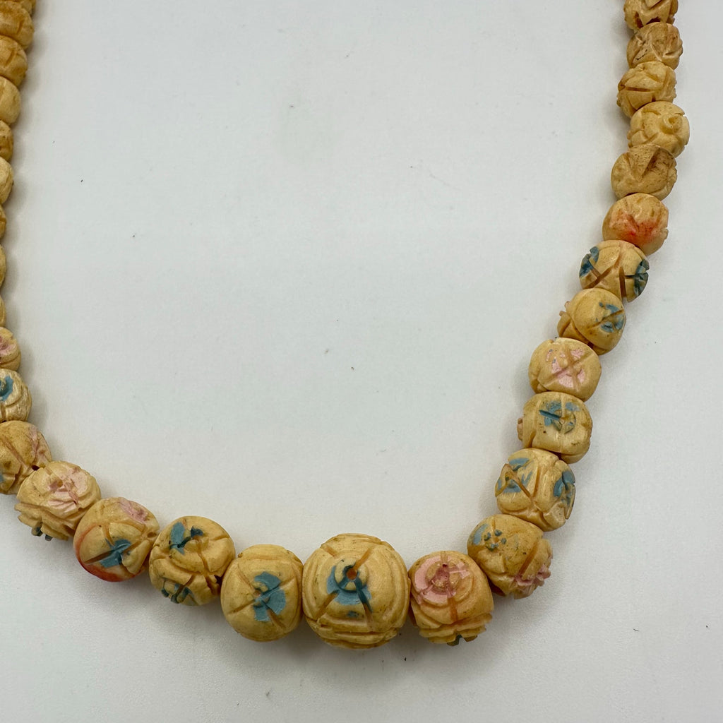 Antique Art Deco carved cream pink bovine bone graduated beads beaded necklace
