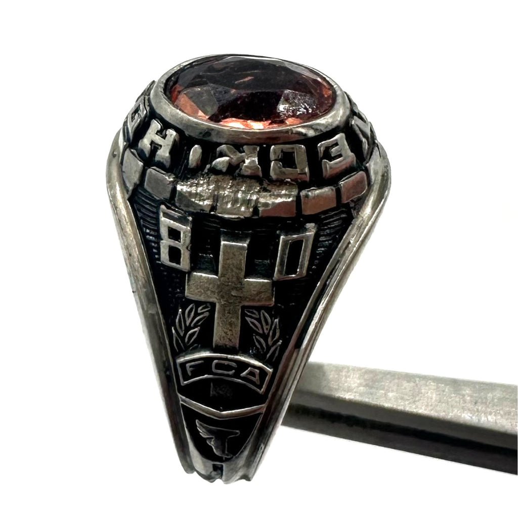 Jostens 1980 vintage silver tone Lustrium peach stone class ring 6.5