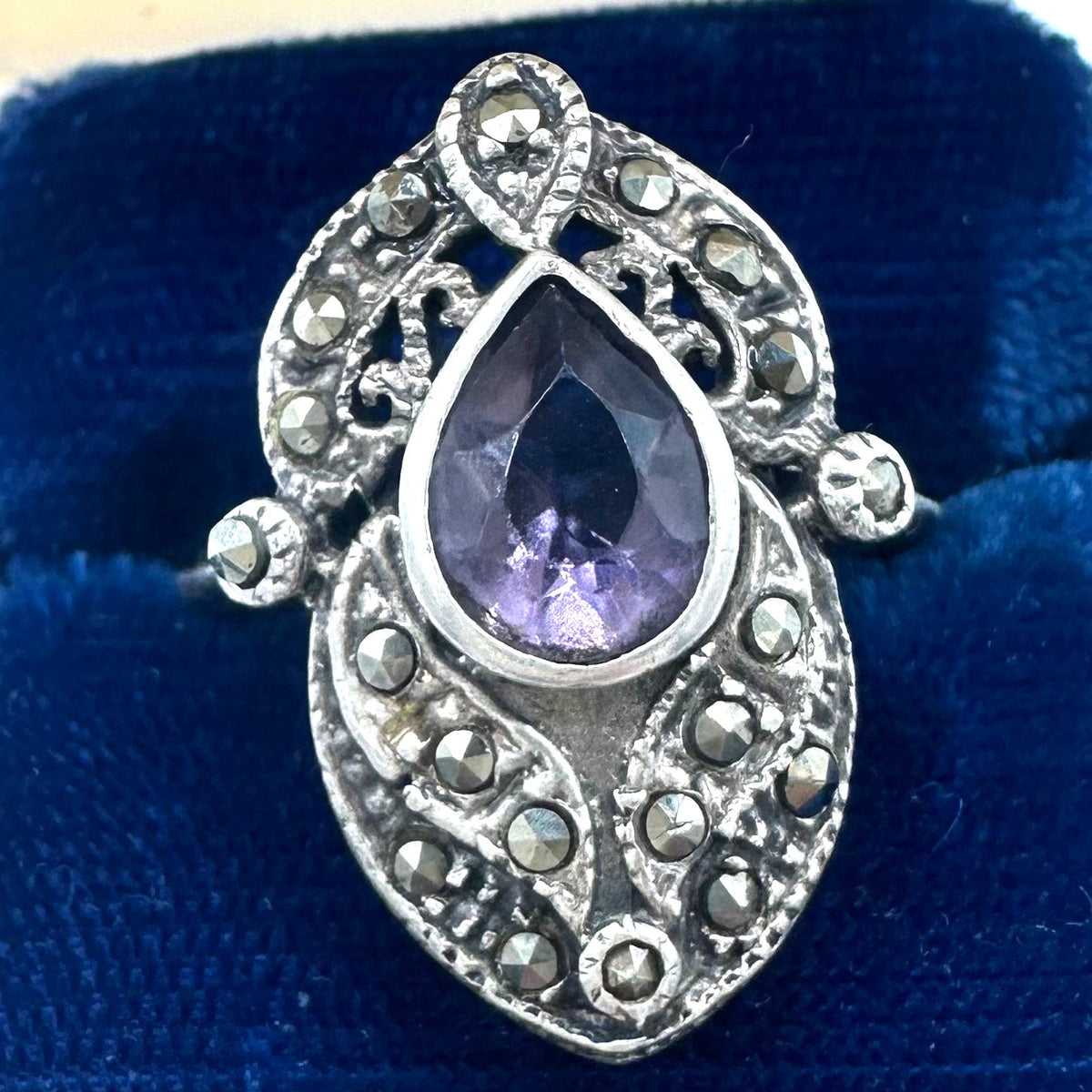 Vintage 925 sterling silver purple faux amethyst glass marcasite ring 6