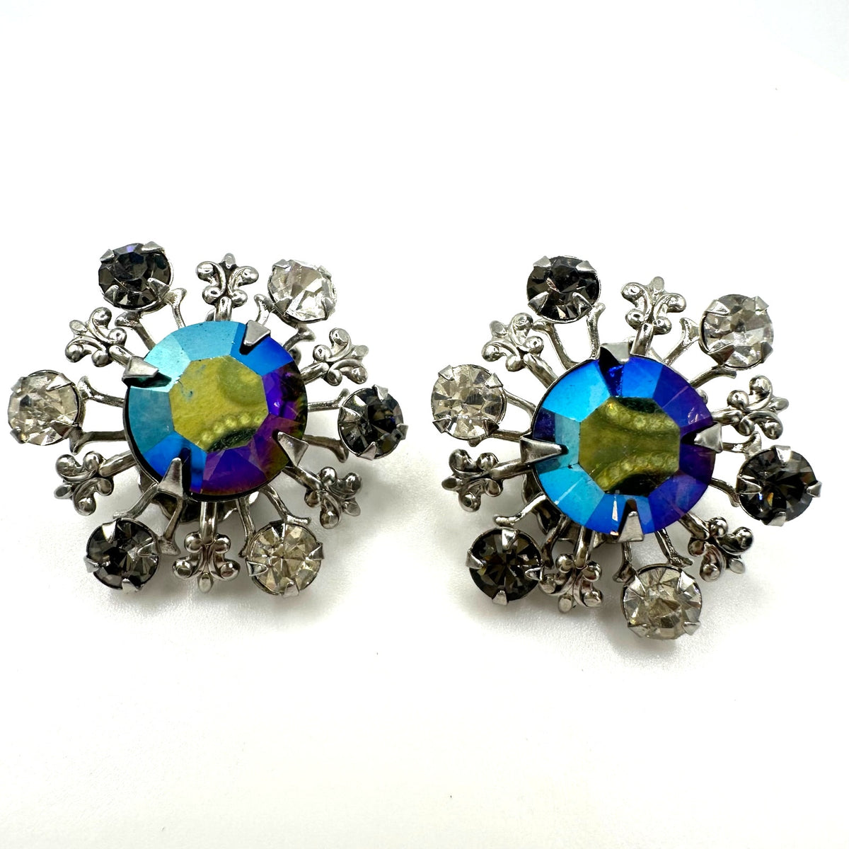 Vintage silver tone gray blue AB aurora borealis rhinestones clip on earrings