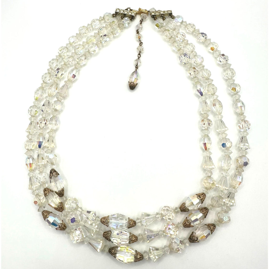 Vintage triple strand AB glass beaded gold tone filigree rhinestone necklace