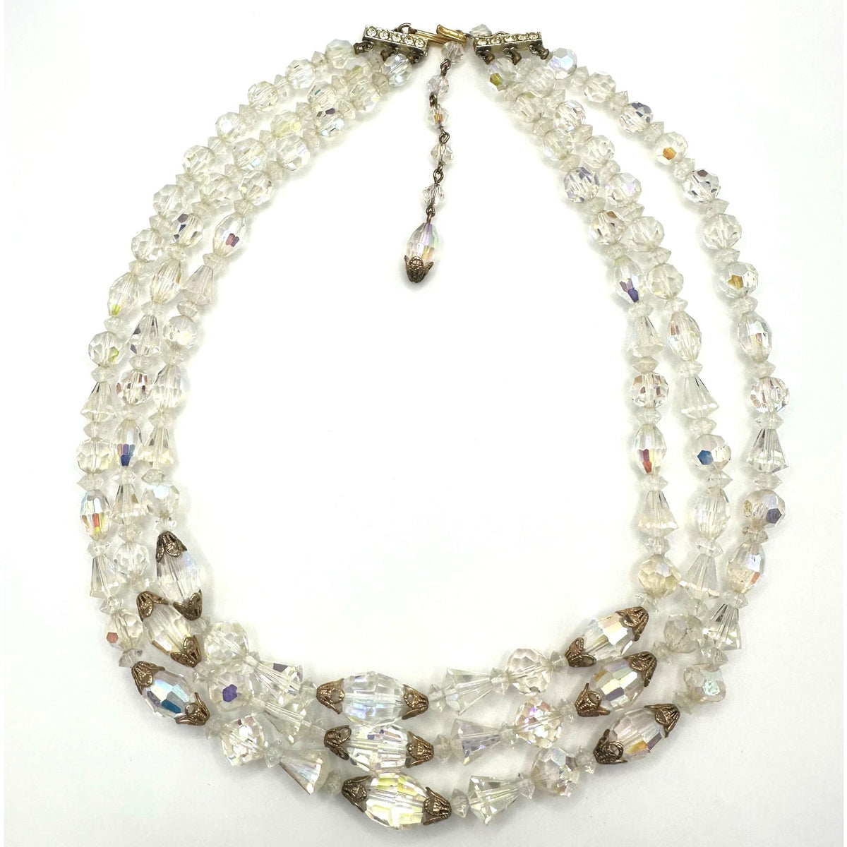 Vintage triple strand AB glass beaded gold tone filigree rhinestone necklace