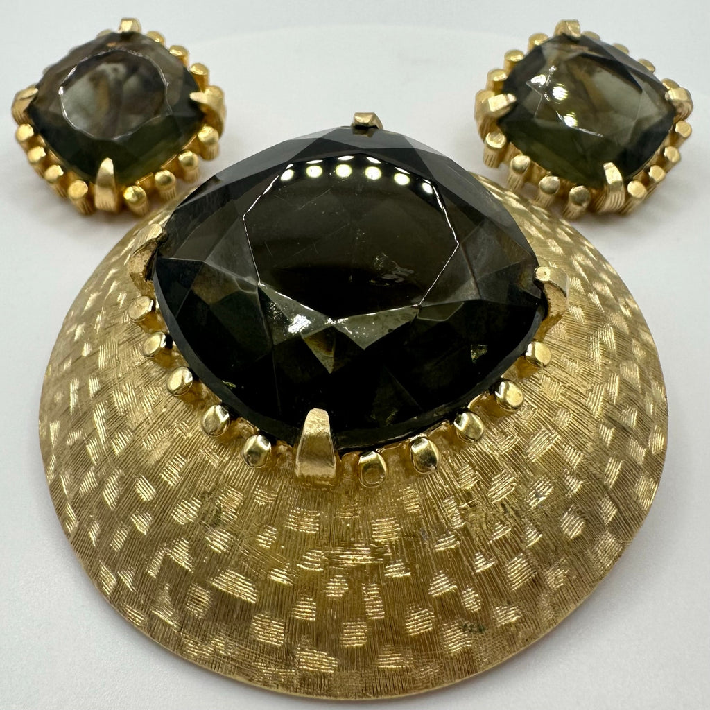 Schrager vintage gold tone smoky glass rhinestones brooch clip on earrings
