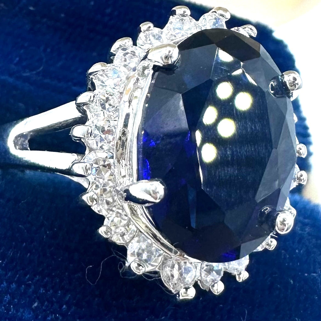 Avon RJ 125th anniversary silver tone royal blue clear cubic zirconia ring 7.5