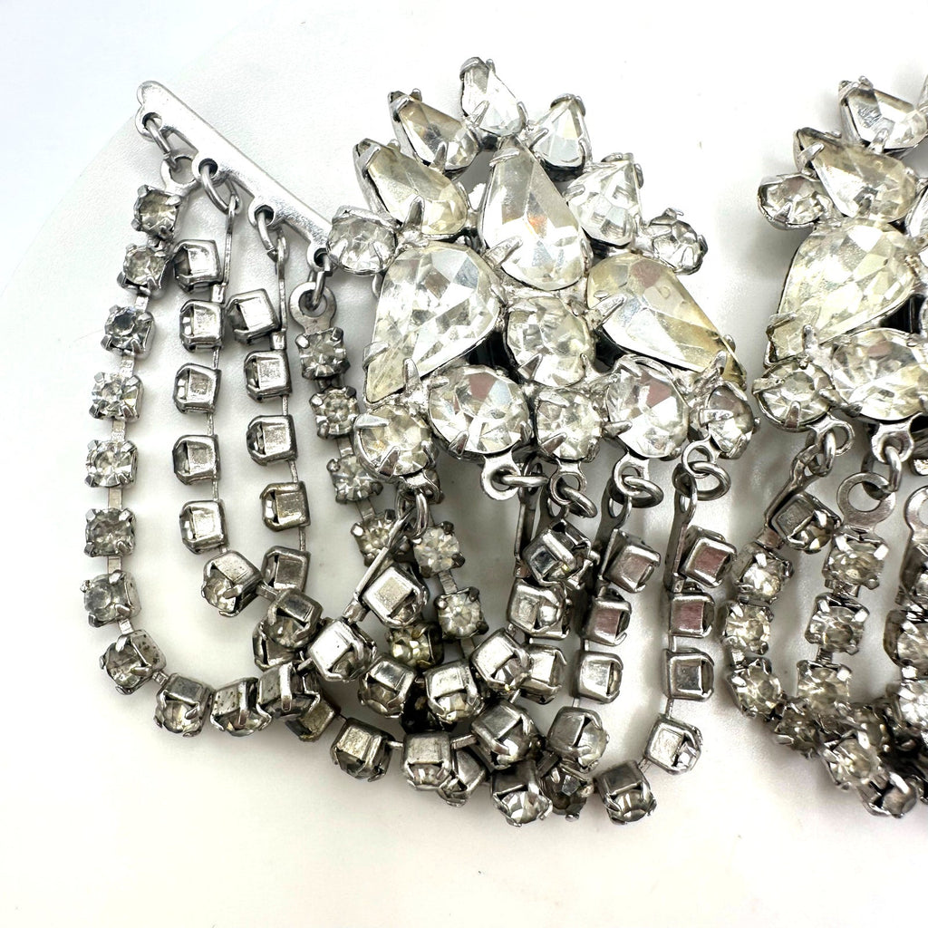 Vintage silver tone clear rhinestones swag chains fringe clip on earrings
