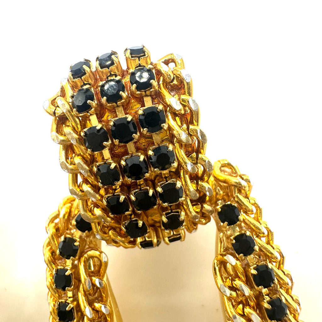 Vintage gold silver two tone black rhinestones door knocker clip on earrings