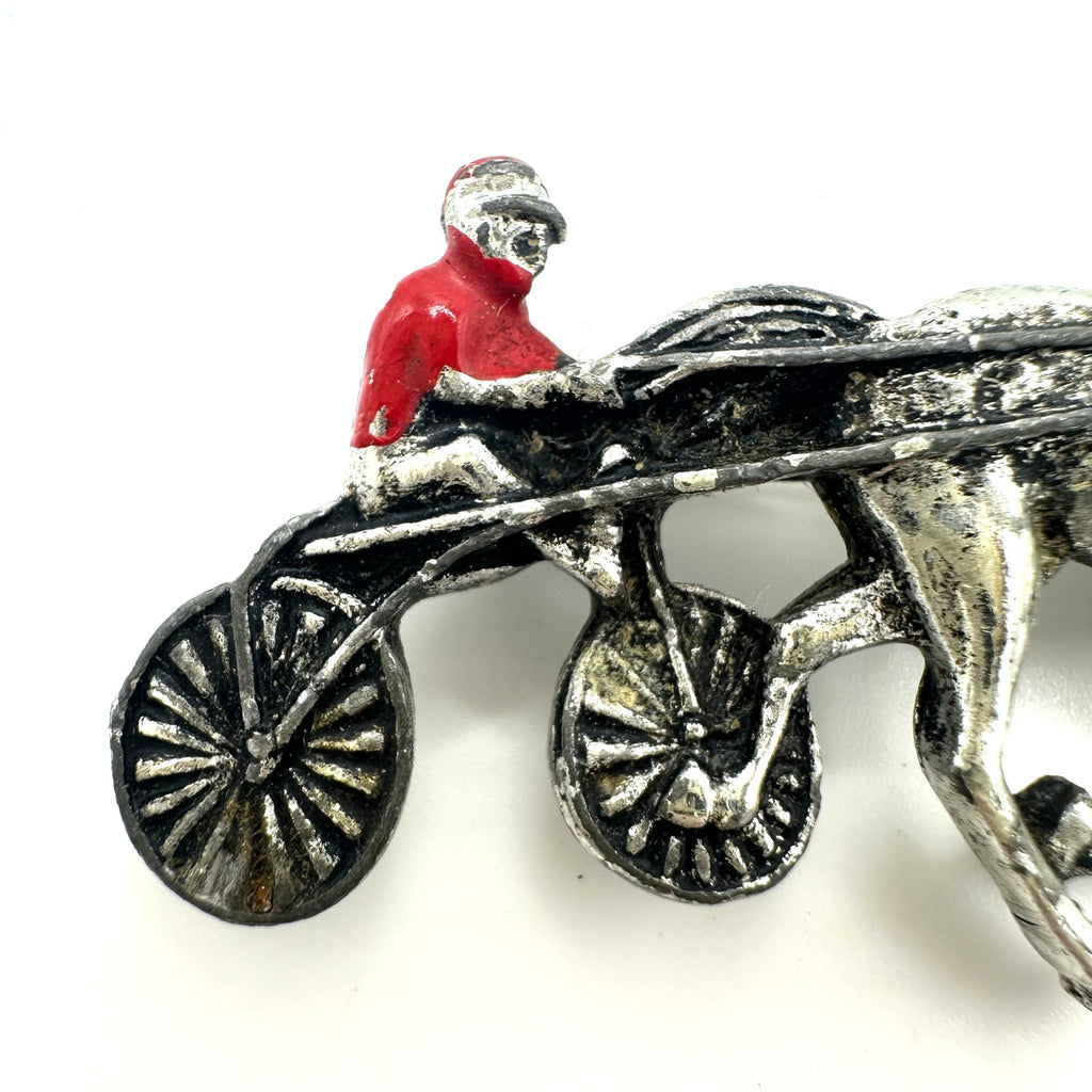 1940s vintage silver tone red enamel horse man racer chariot figural brooch
