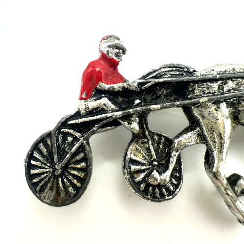 1940s vintage silver tone red enamel horse man racer chariot figural brooch