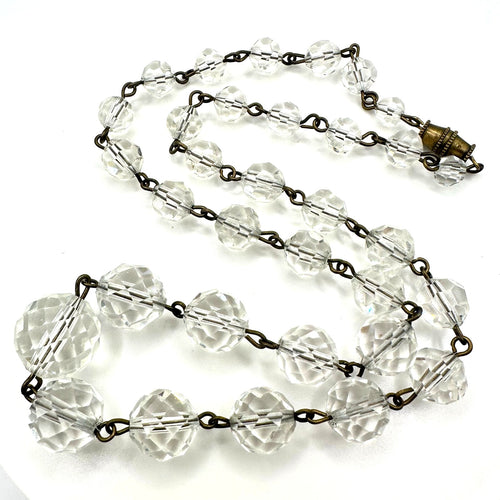 1940s vintage gold tone brass clear faceted glass beaded graduated 19" necklace