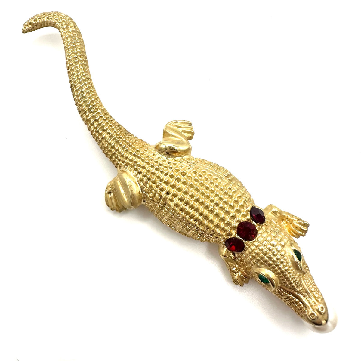 Vintage large gold tone red green rhinestones pearl alligator figural brooch