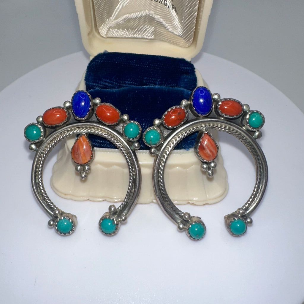 Navajo 925 sterling silver multicolor semiprecious cabochons naja earrings 12.9g