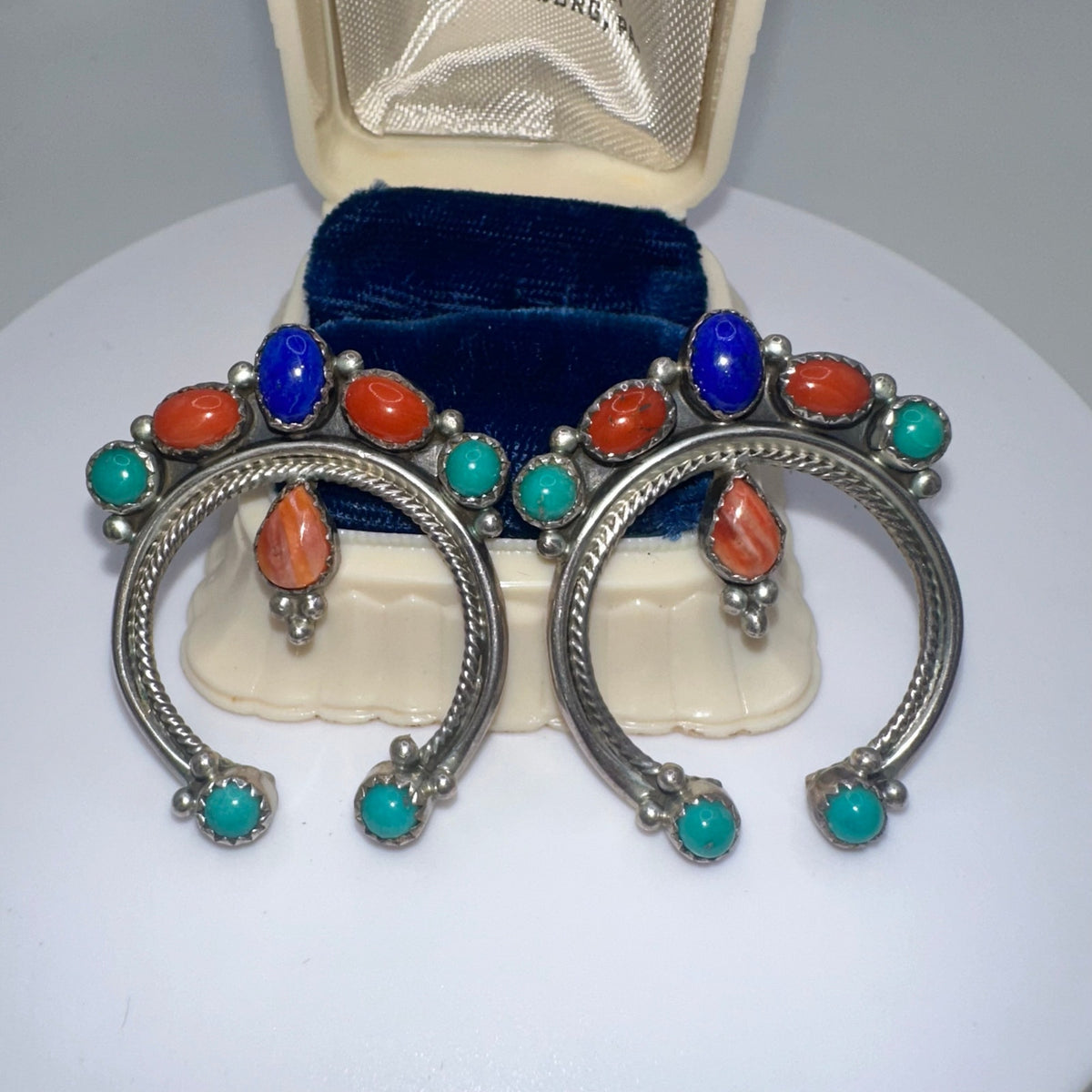 Navajo 925 sterling silver multicolor semiprecious cabochons naja earrings 12.9g