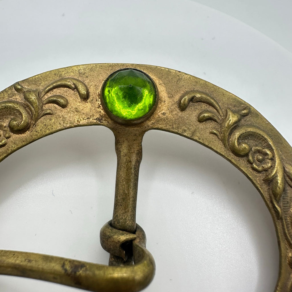 Antique Art Nouveau embossed gold tone brass green rose cut glass belt buckle